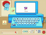Screenshot showing a drawing of a boy signing in the upper left and a large computer with a keyboard in the center.