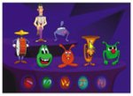 Black and purple background with various children's animated characters. Below them are five menu icons with various color swirls and geometric shapes.