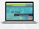 Laptop computer drawing with the screen up and showing the launch page for the Dr. Voice Vocal Assessment application.