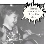 A black-and-white photo of a young child with a "starburst" graphic and the words "There's sure a lot to do on this disk!" overlaid on top.