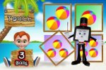 Colorful illustration of a beach scene of a child sitting on the beach under a palm tree holding a sign that says 3 balls. A TV screen figure with arms and legs and wearing a top hat is on the right and four images with different numbers of balls are behind it.