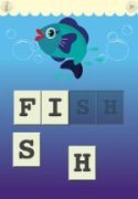 Screenshot of a colorful drawing of a smiling fish in water-centered near the top of the image with blocked letters spelling the word fish below it.
