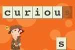 Screenshot of a colorful drawing of a detective standing in the lower-left corner and letterboxes across the top spelling the word curious against an orange background.