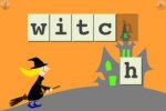 Screenshot of a colorful drawing of a witch on a broomstick walking up a hill to house with block letters spelling out the word witch across the top against an orange background.