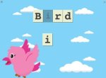 Screenshot of a drawing of a pink bird in the lower-left corner with block letters spelling bird across top against a background of the sky with clouds.