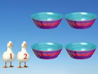Drawing of two white geese with the numbers 1 and 2 on them in the lower left of a rectangular image with a blue background. On the right are two rows of two bowls each.