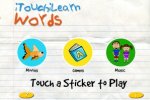 Screenshot of an app menu screen resembling lined notebook paper. There are three menu icons: "Movies," "Games," and "Music," and each app features a colorful icon (a fish, book, and a boy and girl). The top of the screen reads "iTouchiLearn Words," while the bottom reads "Touch a sticker to play."
