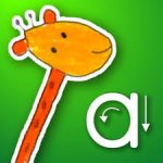 Square image with a drawing of colorful giraffe neck and head against a green background and the letter "a" on the lower right with arrows showing how it was written.