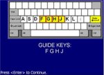 Screenshot of a blue screen with a keyboard graphic displaying the ASDF row of keys and the F, G, H, and J keys are highlighted in yellow. The words "Guide Keys: FGHJ" are in white font below.