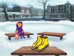 Screenshot of an illustrated, outdoor, and snowy scene in which a young girl wearing purple clothes sits on a bench outdoors in the background. In the foreground are a pair of bright yellow ice skates on another bench.