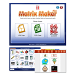 Three Matrix Maker Plus menu icons and two screenshots of various symbols and designs.