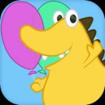 Colorful square image of a drawing of a smiling dinosaur holding two balloons.