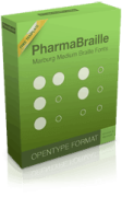 A bright green software box with the words "PharmaBraille" at the top in black font and white circle graphics meant to represent Braille dots below.