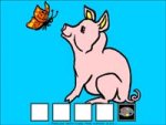 Drawing of a pink pig against a light blue background looking at a butterfly and sitting on five small squares.