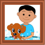 A framed drawing of a young boy with black hair giving a small brown dog a bath.