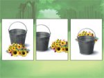 Screenshot of three image tiles of a bucket with sunflowers in front of, next to, and behind it.