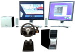Various product components, including two monitors, two computer towers, a foot pedal, and a steering wheel.