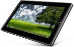 Rectangular tablet-sized flat computer resting on its lower right corner with an image of a tree in a field on it.
