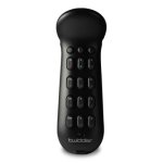 Black, handheld remote-sized device with 12 keys on the front and three buttons across the top.