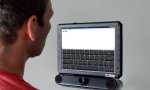 A monitor with IntelliGaze functions that have typed out the word "hello" while a user gazes at the screen.