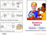 Screenshot showing a window on right with a drawing of two boys drinking at a table and three-sentence options on the right with pictures above the words.