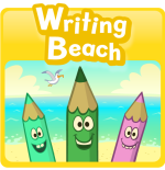 Square image of a colorful drawing of three pencils with smiley faces with a beach behind them.