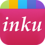 Rounded square image of the lowercase word inku written in white against a pink background in the center, and different colored small squares across the top.