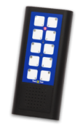 A black rectangular handheld remote control with a blue panel with two columns of five white control buttons on top of a speaker.