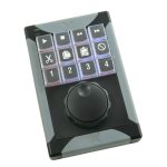 A black and gray rectangular device with 12 keys on the front and a round knob below.