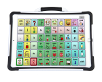 Word selection screen on a white tablet with a handle displaying a 6x10 communications grid.