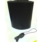 A black rectangular speaker with an elongated black transmitter with menu buttons and a loop attached to the top.