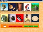 A 5x2 grid of real-life pictures of items and activities with the associated word written below in French, The bottom row has 3 red and 3 green buttons. The pictures are of a tree, an armoire, a watering can, an artichoke, a small boy using a watering can.