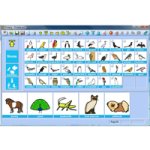 Pictogram images on the screen. On the left are menu choices, and on the last row are a selection of pictograms that are zoomed in.