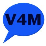 V4M text inside a round speech bubble on blue background.