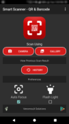 A mobile phone's screen featuring buttons for QR scanner, camera, and gallery, with scan history and preferences below. 