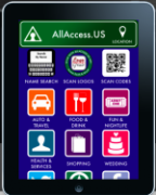 An iPad with the AllAccess app on its screen. The title is in a green bar with the word "location" written along with a pin for a map. Below the title is a 3x4 grid of options with their simple icons like name search, scan logos, scan codes, auto and travel, food and drink, fun and nightlife, health and services, shopping, wedding, and 3 others which are not fully shown.