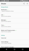 A mobile phone's screen for manage the app's options featuring notification, call, message, time, and battery and charging states; and Settings options screenshot featuring voice test, voice settings, and text-to-speech language.