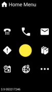 A mobile phone's screen featuring menu option icons such as a phone, email, books, and a map.