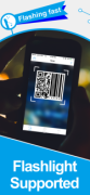 Scan screen featuring QR code and barcode being scanned. The caption reads "Flashing fast. Flightlight Supported."
