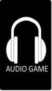 A simple white outline of drawn headphones on a black background with the words "audio game" written in white underneath them.