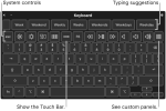 Screenshot of the on-screen Accessibility Keyboard with typing suggestions across the top. Below is a row of buttons for system controls to do things like adjust display brightness, show the Touch Bar onscreen, and show custom panels.