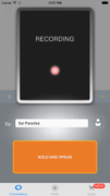 A black "recording" box with a red indicator dot, a text box with a receiver's name, and an orange "hold and speak" box below.