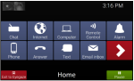 A computer's screen that is labeled in the middle of the footer line as Home. It has the time in the top right, then a 5x2 grid of icons and a red button labeled "exit to Eyegaze" on the bottom left and a green button labeled "pause" on the bottom right. The icons are for accessing the features: chat, internet, computer, remote control, alarm, phone, text, email inbox, and a red arrow right.