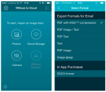 Two screenshots of an iPhone side by side. The first is labeled IRIScan to Cloud. There are 4 icons with labels in a 2x2 layout, preceded by the words: "To start, import an image from". The choices are Photos, Cloud Storage, Camera, and IRIScan Scanner. The second screenshot is labeled "Select Format: Export Formats for Email:" Examples include PDF, Text, DOCX, PDF with iHQC Compression.