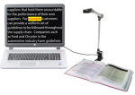 A computer with a desktop mono-pole type standing camera that has a book below its lens. On the computer screen, the words are written with one of them highlighted in yellow and written with red letters.