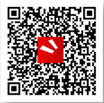 A QR code made up of black and white squares and dots with very short horizontal and vertical lines. In its center is a red square with 2 thick white lines slanting left to right.