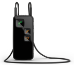 A small black rectangular device on a neck strap with three icon buttons on the front: a telephone, a microphone, and a computer.