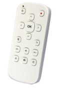 A white remote control type device with menu options such as power, OK, volume, and directional arrows.