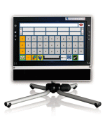 Eye Control or touchscreen monitor showing a keyboard and yellow or green toolbar keys on 4-legged stand. 