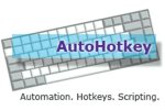 AutoHotkey logo with the name written in a purple text font on a transparent blue rectangle that sits atop a keyboard.
